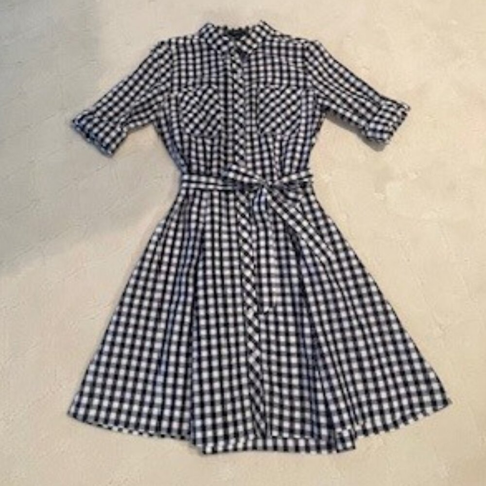 IMNYC Isaac Mizrahi A-Line Blue Gingham Check Belted Shirt Dress Size 6